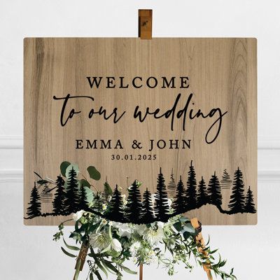 Wedding Signs For Reception Rustic, Pine Tree Wedding Backdrop, Welcome Sign Wedding Rustic, Wood Burned Wedding Signs, Rustic Woodsy Wedding Decor, Wedding Wooden Signs, Wedding Signs For Reception Entrance, Name Wedding Signs, Wooden Welcome Sign Wedding