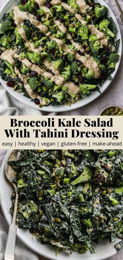 Broccoli Kale Salad, Walder Wellness, Salad With Tahini Dressing, Tahini Salad Dressing, Healthy Broccoli Salad, Winter Salad Recipes, Healthy Broccoli, Protein Recipe, Kale Salad Recipes