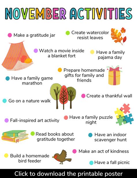 November Family Activities, Monthly Family Activities, Thanksgiving Family Activities, Family Night Activities, Family Challenge, November Activities, Monthly Activities, Homemade Bird Feeders, Fall Picnic