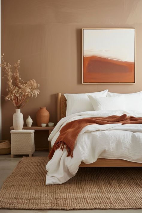 Combine terracotta and sage to create a stunning bedroom with the help of these tips and tricks. Rust Wall Color Bedroom, Desert Guest Bedroom, Terracotta Cream Bedroom, Terracotta Color Bedroom, Sand Colour Bedroom, Terracotta And White Bedroom, Sand Color Bedroom, Terracotta Japandi, Terracotta Accent Wall Bedroom