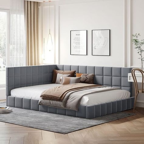 Upholstered Full Daybed Frame, Full Size Daybed with Slat Support, Sturdy Wooden Full Sofa Bed for Living Room Bedroom - Bed Bath & Beyond - 37637099 Sofa Bed Wood, Full Daybed, Day Bed Frame, Full Size Daybed, Sofa Bed Frame, Velvet Sofa Bed, Bed In Corner, Daybed Bedding, Wood Daybed