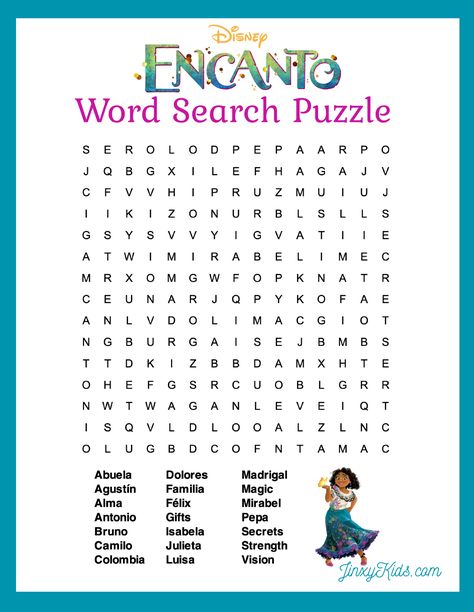 Celebrate Disney's Encanto with a free printable ENCANTO Word Search puzzle featuring characters from the film and important themes like familia and gifts. Encanto Activities, Disney Word Search, 2nd Grade Reading Worksheets, Kids Table Wedding, Disney Activities, Disney Word, Disney On A Budget, Busy Activities, Birthday Party Games For Kids