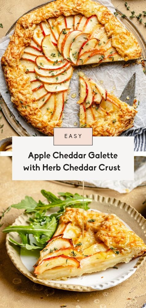 Sweet and savory apple cheddar galette with a crispy herb cheddar pie crust. Top with flaky sea salt, a drizzle of honey, and fresh thyme for a fun way to use up fall apples in an appetizer, snack, or easy brunch recipe. Fall Tart Recipes Savory, Apple Brie Galette, Fall Brunch Recipes Savory, Fall Appetizers Gluten Free, Fall Fruit Pie, Easy Fall Apps, Savory Galette Recipe, Savory Apple Appetizers, Thanksgiving Appetizers Gluten Free