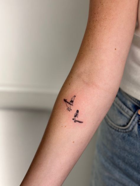 Fine Line Tattoo Of People, Microrealism Tattoo Ideas, Tiny People Tattoo, Dog Tattoo Fine Line, Silly Small Tattoos, Little People Tattoo, Cool Fine Line Tattoos, Tiny Dog Tattoo, Fine Line Dog Tattoo