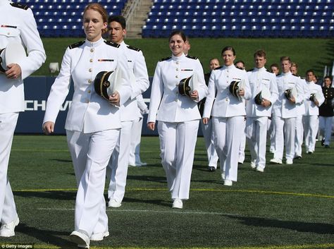 Midshipmen 1st Class walk to their seats during the graduation ceremonies. Almost a quarter of this year's graduating class were women Us Navy Women Uniform, Navy White Uniform, Annapolis Naval Academy, Us Navy Women, Celebrity Cruise Ships, Us Naval Academy, Marines Girl, Science Fiction Art Retro, American Military History