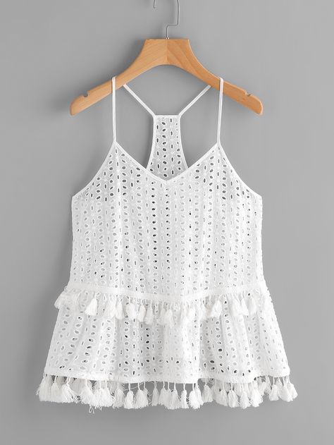 Shop Tassel Trim Eyelet Embroidered Racerback Cami Top online. SheIn offers Tassel Trim Eyelet Embroidered Racerback Cami Top & more to fit your fashionable needs. Cami Outfit, Crochet Tank Top, Causal Outfits, Crochet Tank, Women Tank Tops, Crop Top Outfits, Ladies Dress Design, Casual Summer Outfits, Trendy Tops