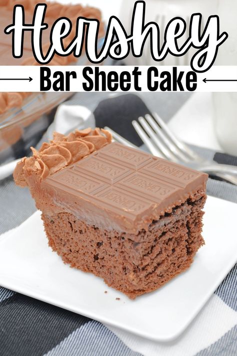 Hershey Bar Cake, Hershey Bar Cakes, Chocolate Sheet Cake Recipe, Sheet Cake Recipe, Bar Cake, Hershey Candy Bars, Rich Cake, Hershey Chocolate Bar, Cake Hacks