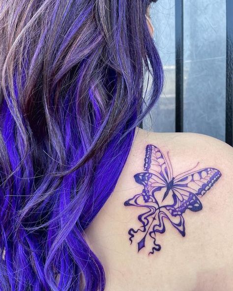 Dark Purple Tattoo Ink, Purple And Black Tattoo, Purple Butterfly Tattoos, Black And Purple Tattoos, Purple Ink Tattoos, Butterfly Tattoo Purple, Purple Tattoo Ideas, Purple Ink Tattoo, Butterfly Quote Tattoo