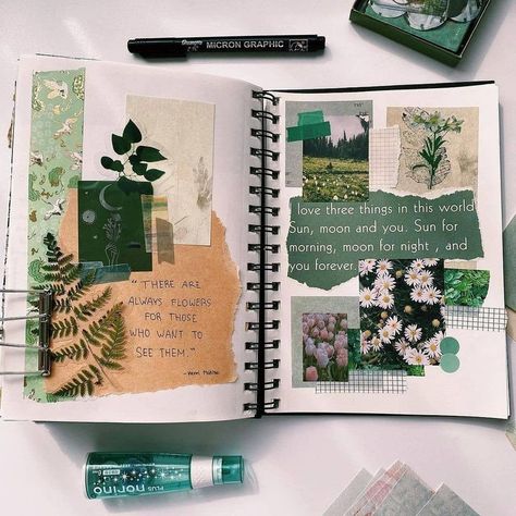 Nature Scrapbook Ideas, Artistic Journal Ideas, Natural Journaling, Sketchbook Journaling Ideas, Moon Journal Ideas, Aesthetic Journal Ideas Art, Nature Journal Ideas, Scrapbooking Nature, Elegant Scrapbook