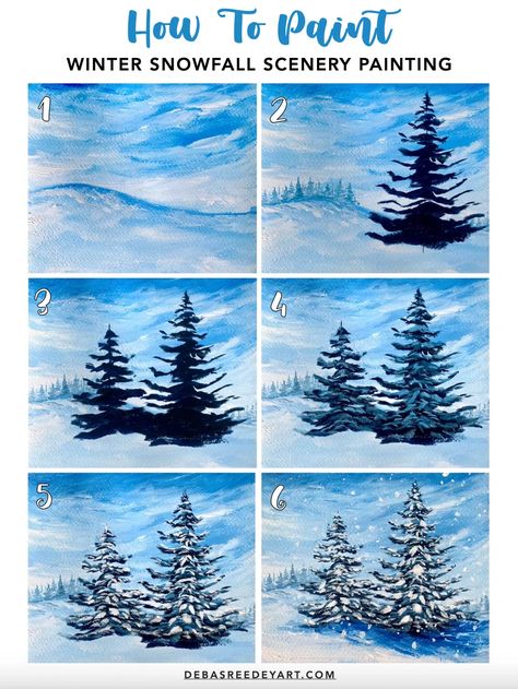 Winter Snowfall Scenery Painting - Easy Winter Painting Ideas For Beginners 8x10 Acrylic Paintings, Christmas Snow Painting, Winter Paint And Sip Ideas Easy, Winter Sunrise Painting, Winter Art Painting Easy, Snowy Winter Painting, How To Paint Snowy Mountains, How To Paint Snow Acrylics, Winter Step By Step Painting