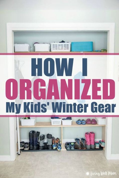 Having a tough time getting your kids' winter gear organized this season? Check out how we organized our family coat closet to neatly fit our four children's winter wear. Plus two essential tips for successful organizing with kids you won't want to miss! Winter Gear Storage Small Space, Snow Clothes Organization, Mudroom Winter Gear Storage, Organizing Winter Gear, Winter Accessories Storage, Winter Gear Storage, Winter Gear Organization, Winter Clothes Organization, Simple Closet Organization