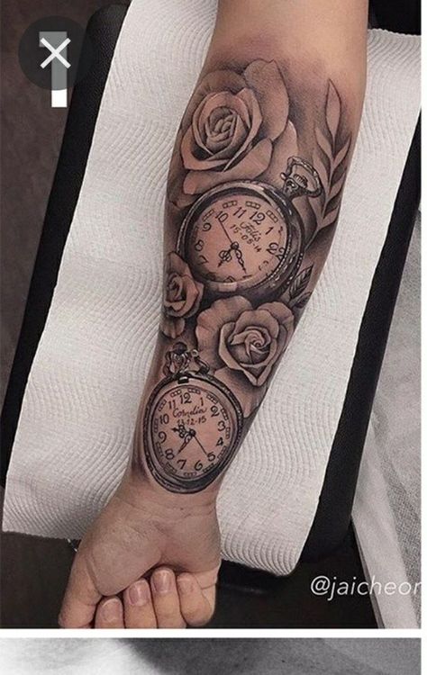 2 Pocket Watch Tattoo Design, Stop Watch Tattoo For Women, Stop Watch Tattoo, Forearm Name Tattoos, Pocket Watch Tattoo Design, Arm Cover Up Tattoos, Clock And Rose Tattoo, Watch Tattoo Design, Memorial Tattoo Designs