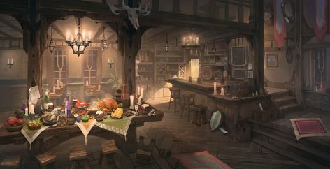 Medieval bar background concept art, Jeon Hyun ho on ArtStation at https://www.artstation.com/artwork/4bNlJW Medieval Bar, Concept Art Landscape, Dnd Backgrounds, Adventurer's Guild, City Artwork, Fantasy Background, Location Inspiration, Fantasy Places, Fantasy Setting