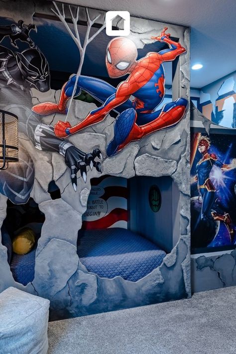 Boys Marvel Bedroom, Avengers Bedroom Ideas, Spider Man Bedroom Ideas, Marvel Boys Bedroom, Avengers Themed Bedroom, Superhero Theme Bedroom, Spiderman Room Decor, Spiderman Bedroom, Avengers Bedroom