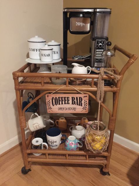 Coffee Cart Tea Cart Decor Display, Tea Cart Ideas, Coffee Cart Ideas, Coffee Bar Ideas, Cart Ideas, Coffee Cart, Tea Cart, Cart Decor, Coffee Stands