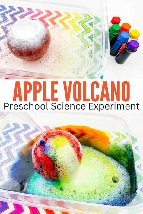 Setting up an apple volcano science experiment for preschoolers is a great way to engage them in an awesome STEM activity this fall! Fall Preschool Science, September Preschool Activities, Experiment For Preschoolers, Fall Science Activities, Apple Science Experiments, Apple Theme Activities, Preschool Apple Theme, September Preschool, Stem Activities Preschool