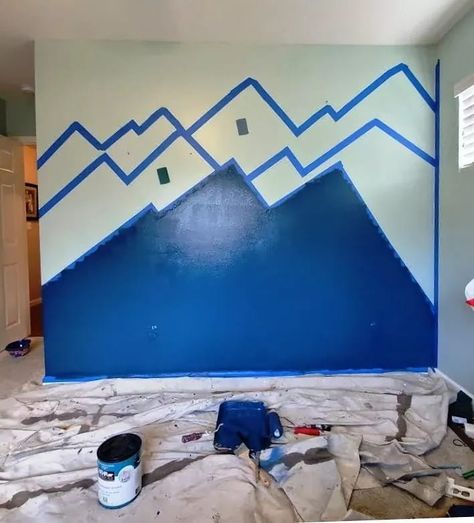 Simple Paint Mural, Tape Wall Painting Ideas, Decorating Slanted Walls, Dramatic Accent Wall, Painters Tape Wall, Painting A Mountain, Diy Mountain Mural, Mountain Wall Painting, Kids Room Wall Color