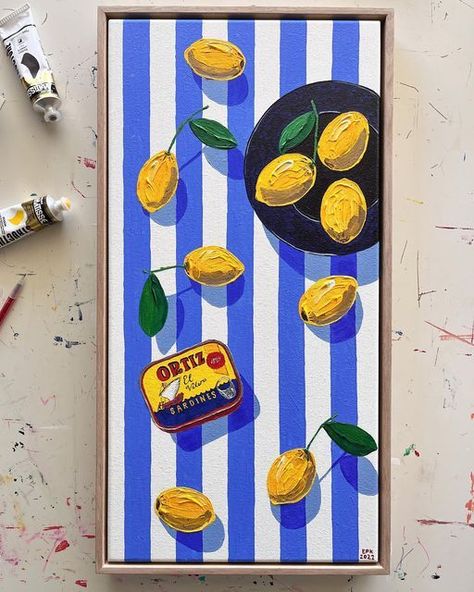 Paint Lemon, Painting Lemons, Lemons Painting, Lemon Decorations, Stripes Painting, Lemon Artwork, Lemons Art, Room Paintings, Lemon Painting