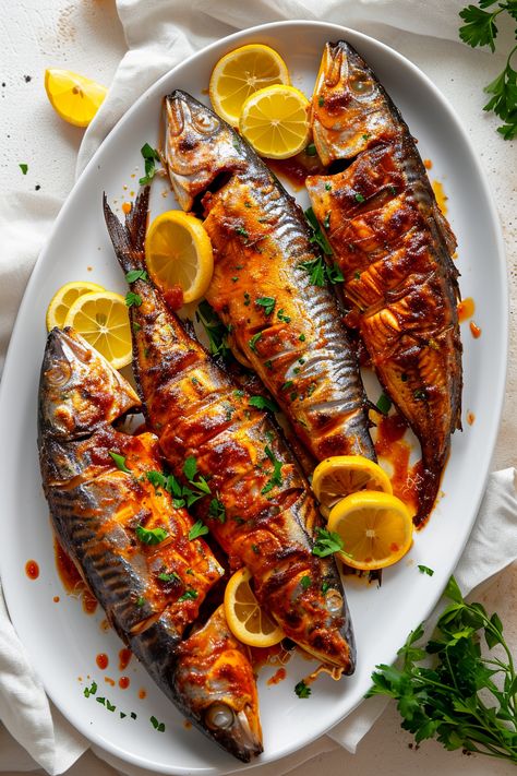 Exotic Baked Mackerel Recipe: A Mediterranean Delight with Harissa and Preserved Lemons #mediterraneandiet Holiday Seafood Recipes, Baked Mackerel, Mackerel Recipe, Food International, Mediterranean Herbs, Roasted Mediterranean Vegetables, Grilled Mackerel, Mackerel Recipes, Mackerel Fish