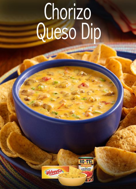 This Chorizo Queso Dip recipe is made special by adding flavorful chorizo to RO*TEL zesty tomatoes and creamy VELVEETA. It'll put the spice into any Quesoccasion! Chorizo Queso Dip, Chorizo Queso, Quick Foods, Thug Kitchen, Latin Recipes, Queso Recipe, Buffet Ideas, Queso Dip, Party Dips