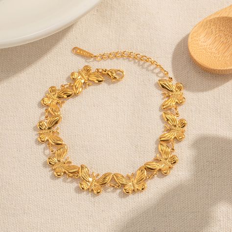 18K Gold Plated Stainless Steel Butterfly Bracelet – Water Resistant & Fine Polished. #AmrahCart #GoldPlatedJewelry #ButterflyBracelet #WaterResistantJewelry Stainless Steel Texture, Butterfly Charm Bracelet, Delicate Butterfly, Butterfly Bracelet, Butterfly Charm, Butterfly Pattern, Butterfly Pendant, Chain Bracelet, Gold Finish