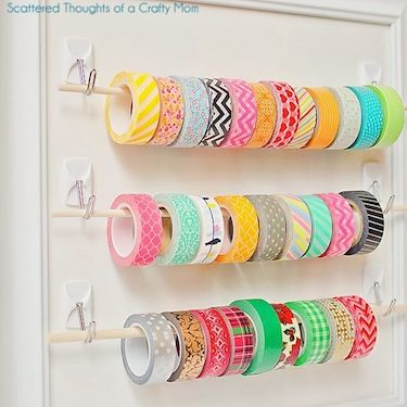 Washi Tape or Ribbon Organization using dowels and command hooks Duct Tape Crafts, Washi Tape Storage, Ribbon Holders, Ribbon Organization, Tape Storage, Ribbon Storage, Organize Craft Supplies, Craft Room Design, Ideas Para Organizar