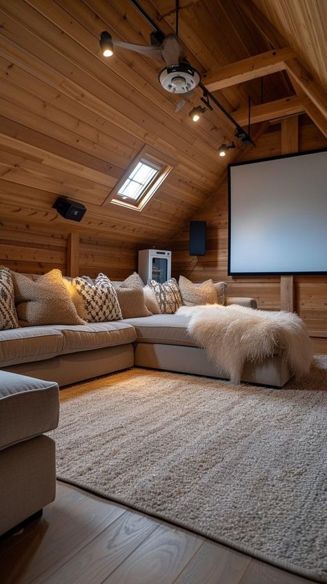 Cozy attic home cinema with rustic wood interior design, plush sofa, and large screen for immersive movie viewing. Chill Out Area Indoor, Comfy Movie Room, Attic Movie Room, Rustic Wood Interior, Cinema Room Ideas, Cinema Living Room, Cinema Room Decor, House Room Design, Projector Room