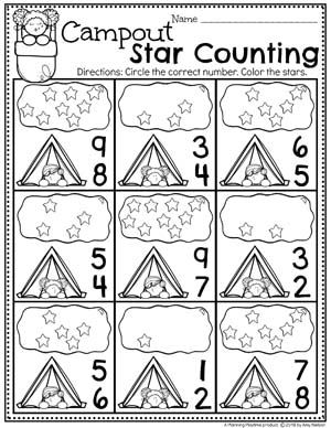 Counting Worksheets for Preschool - Camping Theme #preschoolactivities #preschoolprintables #campingtheme #planningplaytime #preschoolworksheets Camping Theme Preschool Activities, Preschool Camping Activities, Camping Dramatic Play, Preschool Camping, Camping Preschool, Camping Theme Preschool, Camping Crafts For Kids, Camping Classroom, Camping Theme Classroom