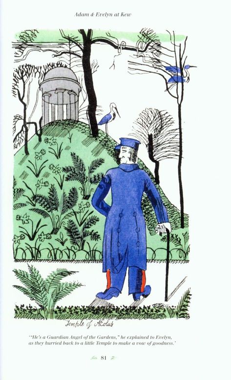 Edward Bawden's 'Adam and Evelyn at Kew (aka 'Revolt in the Gardens')', 1930. Edition of 1,060. Text by Robert Herring. 13 full-page colour printed illustrations, 6 other colour text illustrations and illustrated endpapers all by Edward Bawden Stencil Illustration, Edward Bawden, Colour Illustration, English Artists, Adam And Eve, British Art, Woven Paper, Childrens Art, Original Prints