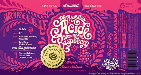 Coming to us from Elevation  Beer in Poncha Springs, CO , today we have  Dry-Hopped Acide With Raspberry .  This “saison psychedelique” is a... Raspberry Patch Design, Raspberry Beer, Ginger Salmon, Craft Beer Label Design, Retro Beer Label, Beer Label Design, 25 September, Red Raspberry, Cherry Tart