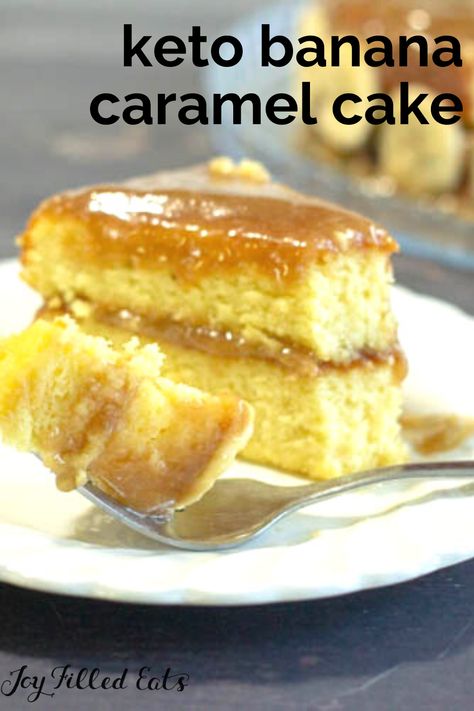 This Easy Keto Banana Cake with Caramel Frosting is my healthy take on the classic Bananas Foster dessert. With a moist yellow cake flavored with banana extract and topped with a rich creamy caramel frosting, it is perfect for special occasions or an everyday treat. Low carb, keto, gluten-free, grain-free, sugar-free, and Trim Healthy Mama friendly. Banana Keto Dessert, Low Carb Banana Desserts, Low Carb Banana Cake, Keto Banana Cake Recipes, Keto Yellow Cake Recipe, Low Carb Banana Recipes, Keto Banana Recipes, Keto Banana Cake, Trim Healthy Mama Dessert Recipes