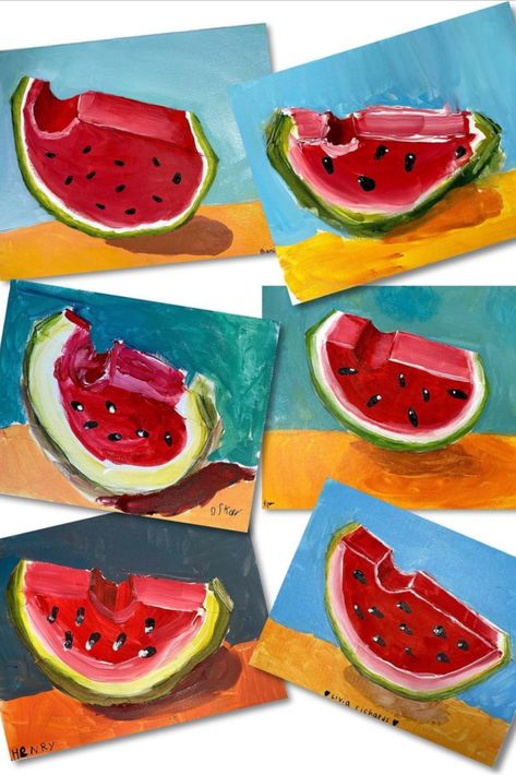 These watermelon paintings look sweet enough to eat. They were created by kids ages 6-13 at Art Spot Studio. The students learned about one point perspective, got to draw on the table, and practiced using rulers, mixed lots of paint colors, and had tons of fun! This is a great summer art project for kids! #summerart #watermelonpainting Summer Art Drawing Ideas, Summer Kids Painting Ideas, Intermediate Art Projects, Summer Art Projects For Adults, Summer Kids Art Projects, Summer Themed Art Projects, Middle School Summer Art Projects, 30 Minute Art Projects For Kids, Fast Art Projects