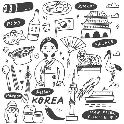 Korea Doodle, Aesthetic Bear, Doodles Aesthetic, Travel Doodles, Korean Illustration, Doodle Art Journals, Images Kawaii, Korean Culture, Korean Art