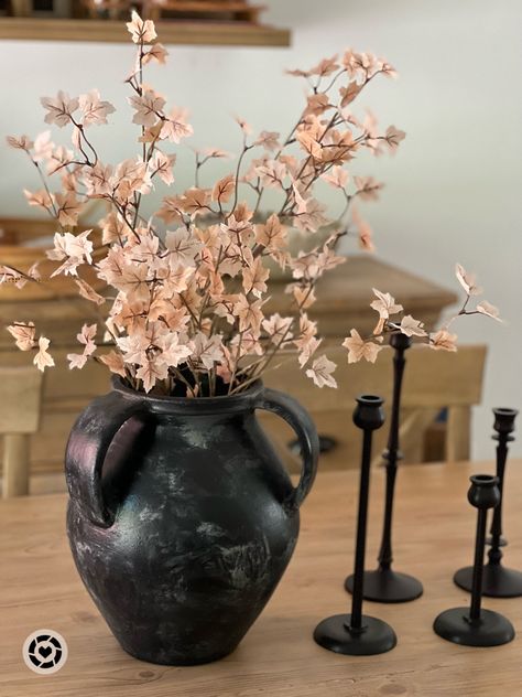 Black Vase Decorating Ideas, Black Vase Flower Arrangement, Black Vase With Flowers, Black Dried Floral Arrangements, Black Distressed Vase Mantel, Black Vase Decor, Fall Decor Black, Dining Table Vase Flowers Farmouse, Moody Aesthetic