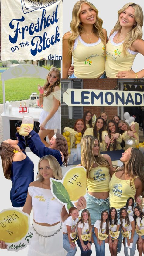 Sorority Bid Day and Big Little Reveal Lemon Theme! “Is my main squeeze” “Freshest off the block” also cute for bridal showers and birthday parties. Greek life or sorority life college and university! #sororitylife #sorority #biglittle #biglittlereveal #bidday #biddaytheme #biglittletheme #lemon #mainsqueeze #fresh #college #greeklife #university #friends #outfitinspo #props #friendposes #sororityphotos Sorority Party Themes, Sorority Recruitment Themes, University Friends, Sorority Rush Themes, Sorority Party, Sorority Themes, Recruitment Themes, Lemon Theme, Big Lil