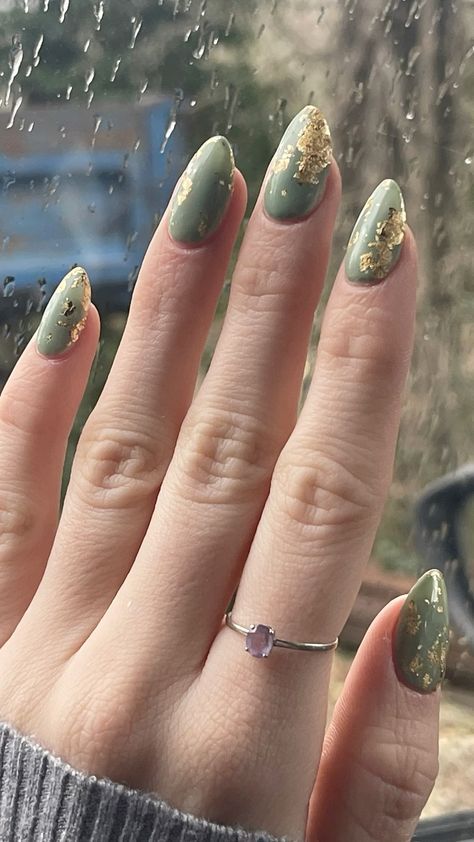 Sage Green With Gold Nails, Green Gold Nail Art, Dark Green Nails With Gold Flakes, Olive And Gold Nails, Green Nails Gold Foil, Sage And Gold Nails, Olive Green And Gold Nails, Olive Green Acrylic Nails, Green Accent Nails