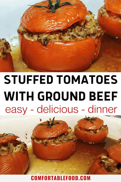 This stuffed tomatoes recipe with ground beef is easy, delicious, and works as a side-dish and comforting main dish. The recipe combines fresh Italian herbs & spices with lean ground beef and rice stuffed into tomato shells, then baked in the oven to perfection. Recipe With Ground Beef, Ground Beef And Rice, Easy Delicious Dinners, Stuffed Tomatoes, Fresh Tomato Recipes, Italian Herbs, Tomatoes Recipe, Baked Tomatoes, Delicious Appetizer Recipes