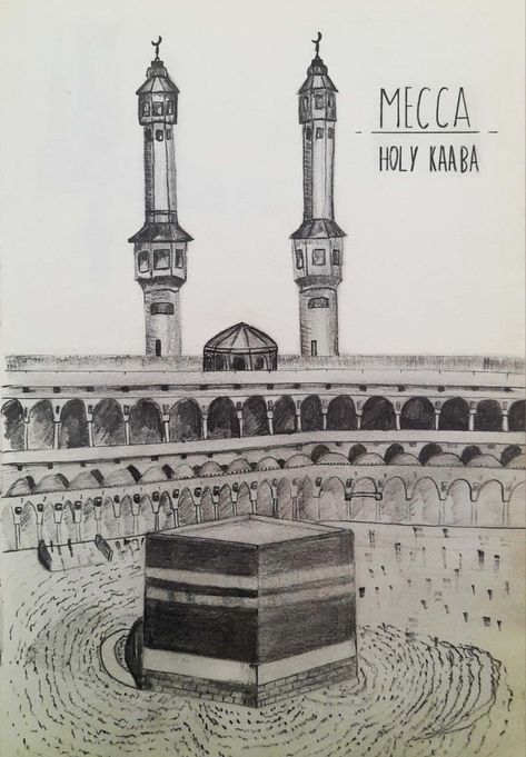 Kaabah Makkah Sketch, Muslim Drawing Sketch, Saudi Drawing, Mosque Drawing Islamic Art, Saudi Arabia Drawing, Kaaba Sketch, Islamic Drawings Art Pencil, Mecca Drawing, Makkah Drawing