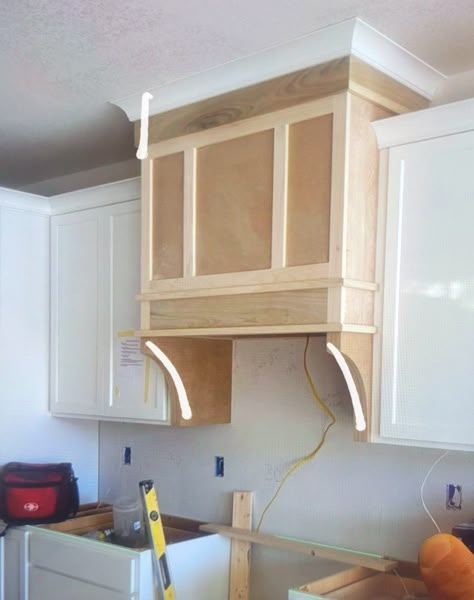 Faux Stove Hood Diy, Stove With Range Hood, Kitchen Hood Cabinet Ideas, Cabinet Hood Design, Wood Kitchen Hood Vent, Stove Without Vent Hood, Cottage Range Hood, Over The Range Hood Ideas, Hood Ranges Kitchen