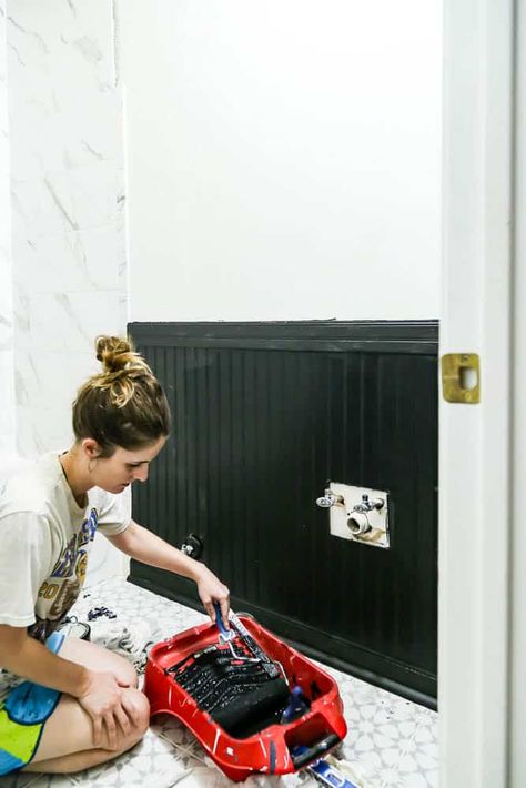 DIY Black Beadboard Bathroom Walls - Love & Renovations Black Beadboard Walls, Black Beadboard Bathroom, Bathroom Beadboard Walls, Black Bead Board, Beadboard Bathroom Walls, Black Beadboard, Vinyl Beadboard, Painted Beadboard, Beadboard Bathroom