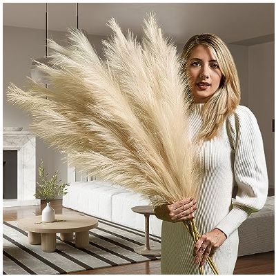 Harry's Cottage Premium Quality Extra Large Beige Artificial Pampas Grass | 3x 115cm 18 Fork Durable Tall Faux Fake Cream Pampas Grass | Boho Decor Fluffy Large Feathers Large Floor Vase, Grass Artificial, Large Feathers, Wire Frame, Cozy Atmosphere, Large Vase, Pampas Grass, Brown Paper, Modern Aesthetics