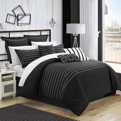 Carlson 13 Piece Bed in a Bag by Chic Home Black Modern Black And White Bedroom, Black And White Comforter, Elegant Comforter Sets, Black And White Bedroom, Black Bedroom Design, Chic Home Design, Embroidered Bedding, King Duvet Cover Sets, Black Bedroom