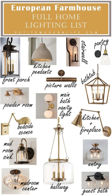 Farmhouse lighting shopping list for the whole house! Guest Bath Modern Farmhouse, Master Bath Ceiling Lighting, Cottage Farmhouse Lighting, Complementary Light Fixtures, European Farmhouse Chandelier, French Farmhouse Lighting Fixtures, Decorating With Chandeliers, Possini Euro Lighting, Powder Bath Pendant Lighting