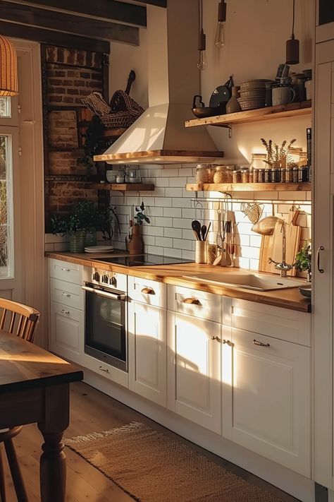 Cosy Cottage Kitchen Ideas, Small Home Cottage, Country Kitchen With Fireplace, Cottage Core Modern Kitchen, Kitchen Modern Cottage, Tiny Kitchen Interior Design, Cottage Minimalist Decor, Minimalistic Kitchen Ideas, Cottage Modern House Interior