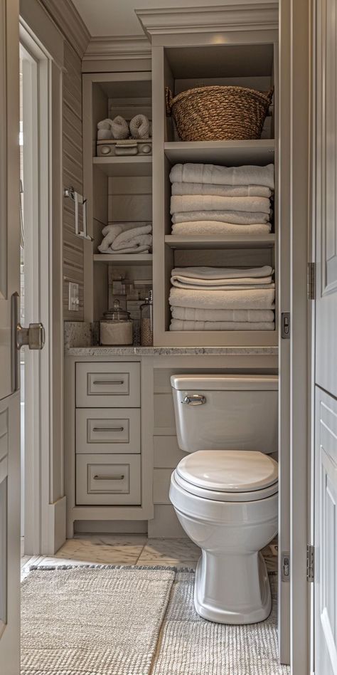 Chic Mudroom, Hidden Shelves, Small Bathroom Wallpaper, Modern Kitchen Cabinet, Wallpaper Rustic, Kitchen Cabinet Inspiration, Over Toilet Storage, Bathroom Storage Hacks, Cabinet Inspiration