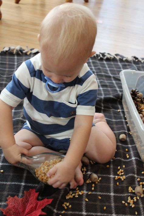 Leaf Sensory Bin, Popcorn Seeds, Sensory Play Toddlers, Fake Leaves, Sensory Tub, Preschool Fall, Sensory Bin, Preschool Classroom, Sensory Bins