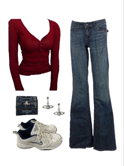 Low Jeans Outfit, Red Top Outfit, Low Rise Jeans Outfit, Vivienne Westwood Accessories, 2000 Outfits, Outfits 2000s, Red Long Sleeve Tops, Downtown Outfits, Long Sleeve Outfits