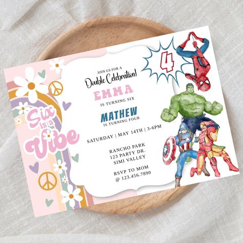 EDITABLE, Joint Birthday, Superhero invite, Sibling Invitation, Twin invite, Sibling party, Any Age, Digital, Double Birthday, Groovy Invite Brother Sister Party Themes, Dual Birthday Party Invitations, Boy Girl Shared Birthday Party Ideas, Combined Sibling Birthday Party Ideas, Birthday Invitations Card Design Ideas, Double Birthday Invitations, Dual Birthday Party Themes, Siblings Birthday Party Ideas Combined, Shared Birthday Party Ideas