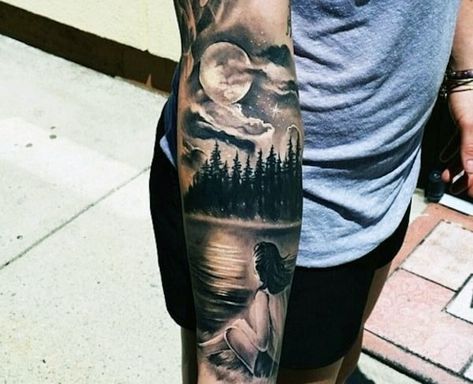 Mens Forest Moon Sky Forearm Sleeve Tattoo Design Ideas Sky Tattoos, Tattoos For Women Half Sleeve, Forest Tattoos, Cool Forearm Tattoos, Cat Tattoos, Tiny Tattoo, Sleeve Tattoos For Women, Snake Tattoo, Forearm Tattoo Men