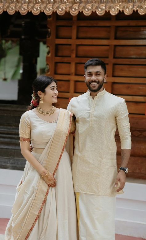 Kerala Wedding Dress For Men, Lungi Outfits For Men, Couple Haldi Outfit Ideas, Kurta And Mundu Kerala Men, Onam Couple Photos, Tamil Wedding Dress, Tamil Groom Outfit, Kerala Engagement Couple Dress, Kerala Groom Outfit Hindu